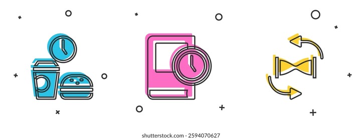 Set Fast food time, Time for book and Old hourglass with sand icon. Vector