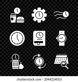 Set Fast food time, Time Management, flies on the clock, Waste of, Clock with arrow, Calendar search,  and for book icon. Vector