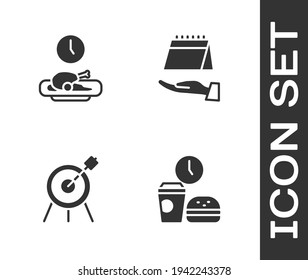 Legen Sie das Symbol Schnelle Essenszeit, Essen, Zielsport und Kalender fest. Vektorgrafik