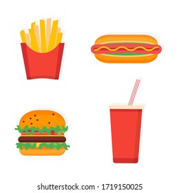 Set fast food in trendy flat style isolated. Hamburger, hotdog, fry potato and Cup cola isolated Illustration.