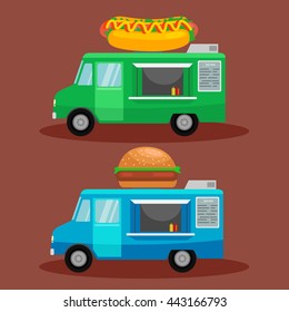 Set of fast food  trucks. Hot Dog, burger machine