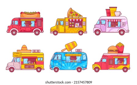 Set of Fast Food Trucks, Isolated Cars, for Street Junk Food Selling. Cafe or Restaurant on Wheels, Transportation With Menu, Vans with Fastfood Meals Assortment. Cartoon Linear Vector Illustration