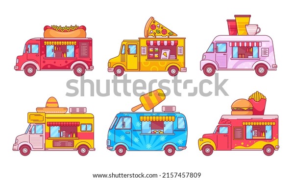 Set of Fast Food Trucks, Isolated Cars, for\
Street Junk Food Selling. Cafe or Restaurant on Wheels,\
Transportation With Menu, Vans with Fastfood Meals Assortment.\
Cartoon Linear Vector\
Illustration