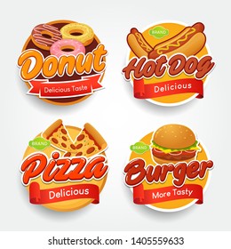 Set of fast food typographical logo design concept for label, sticker and emblem. Template for brand, flyers, web, posters, ad, promotions, marketing, packaging. Vector illustration