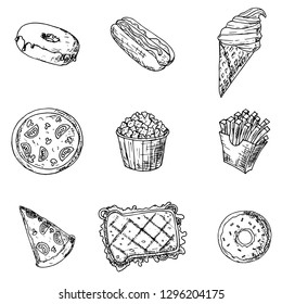 Set of fast food. Vector cartoon icons. Isolated objects on a white background. Hand-drawn style.