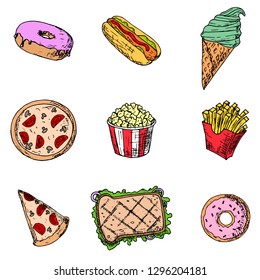 Set of fast food. Vector cartoon icons. Isolated objects on a white background. Hand-drawn style.