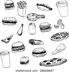 set of fast food, vector design element, hand drawn illustration