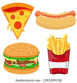 Set Of Fast Food. Vector EPS10. Burger, Hot Dog, Potato Fry And Pizza On White Background.