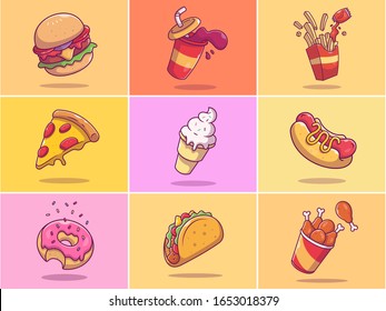 A Set Of Fast Food Vector Icon Illustration. Collections Of Fast Food Icons Concept Isolated. Flat Cartoon Style Suitable for Web Landing Page, Banner, Flyer, Sticker, Card, Background