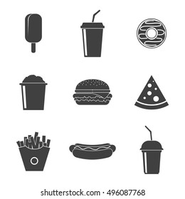 Set Fast food vector icons isolated on white background. Fast food hamburger dinner, soda, pizza and restaurant, tasty fast food icon meal and unhealthy fast food classic nutrition in flat style.