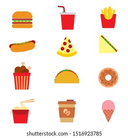 Set of fast food vector illustration with simple flat design such as hamburger, pizza, french fries and more.