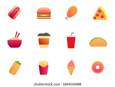 Set of fast food vector illustration with simple design isolated on white background. Gradient style of fast food icon set