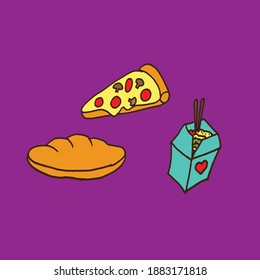 set of fast food vector illustration on purple background. slice of pizza with cheese, croissant and ricebox. hand drawn vector. doodle for wallpaper, cover, banner, poster, advert, sticker, clipart. 