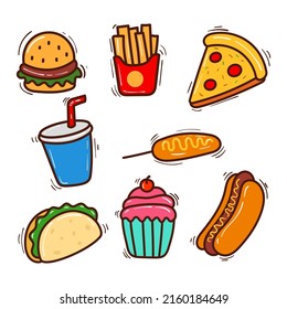 Set of fast food vector illustration in cute colorful doodle style isolated on white background