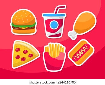 Set of fast food vector illustration with cute design isolated on red background