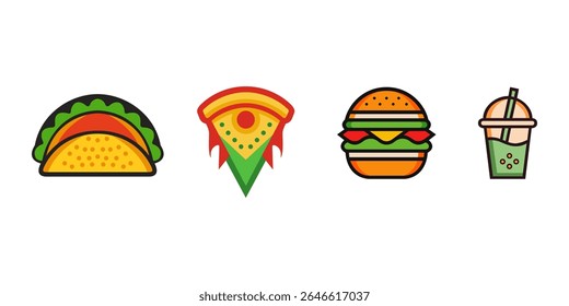 Set of fast food vector illustration including taco, pizza slice, hamburger, and bubble tea
