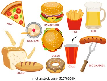 Set of fast food vector illustration, isolated on white background. template element for restaurant menu. office rush life style.