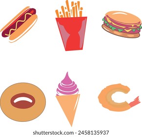 set of fast food vectors for all social media and business use. fast food, ice cream, shrimp, burger, hotdog, donut, onion ring, fries. for restaurant and commercial use.