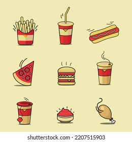 Set of fast food vectors. Pizza, hamburger, french fries, cold drink, hot dog, teacup, coffee cup, chicken thigh, sauce