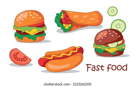 Set of fast food. Vegetarian burger, American burger, Shawarma, American hot dog. Vector cartoon illustration.
