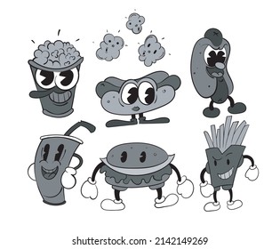 A set of fast food vintage toons: funny character, vector illustration trendy classic retro cartoon style 30s.