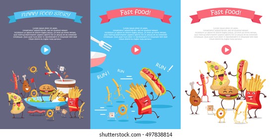 Set Of Fast Food Web Banners. Funny Cartoon Characters. Vertical Flat Illustrations With Traditional Junk Food And Play Button For Restaurant Online Services, Video Presentation, Corporate Animation 