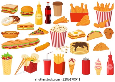 Un juego de comida rápida. Burger, hot dog, salchichas en masa, sándwiches, alitas de pollo fritas, piernas de pollo fritas, pizza, shawarma, fideos chinos y papas fritas. Ilustración vectorial.