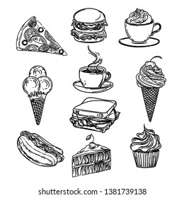 Set fast food.Coffee, hamburger, pizza, hotdog, cappuccino, ice cream, cupcake, cake in the engraving vintage style isolated on white.