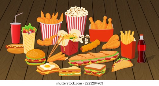 A set of fast food.Fast food products lying on a wooden table.Shawarma, hot dog, pizza,sandwiches,popcorn,ice cream, wings, thighs and croissant.Street food.Vector illustration