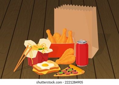 A set of fast food.Fast food products lying on a wooden table.Shawarma, hot dog, pizza,sandwiches,popcorn,ice cream, wings, thighs and croissant.Street food.Vector illustration