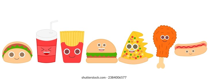 Set of fast food.Pizza, taco, hamburger, french fries, cheese burger, coke and chicken.Comic characters or mascot.Flat design.Sign, symbol, icon or logo isolated.Cartoon vector illustration.