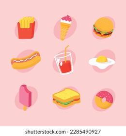 Set of fast foods and drinks in a set of nine. Vector Icons EPS