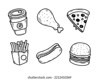 Set of fast foods vector illustration with hand drawn style isolated on white background