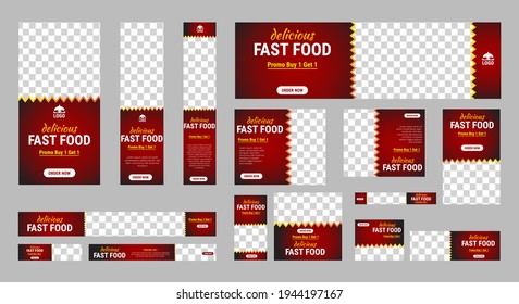 Set of fast foods web banners of standard size with a place for photos. Vertical, horizontal and square template. Vector illustration EPS 10	
