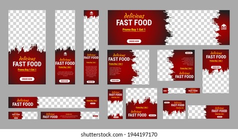 Set of fast foods web banners of standard size with a place for photos. Vertical, horizontal and square template. Vector illustration EPS 10	