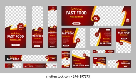 Set of fast foods web banners of standard size with a place for photos. Vertical, horizontal and square template. Vector illustration EPS 10	