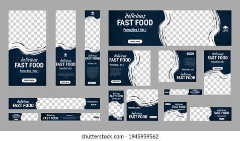 Set of fast foods web banners of standard size with a place for photos. Vertical, horizontal and square template. Vector illustration EPS 10	