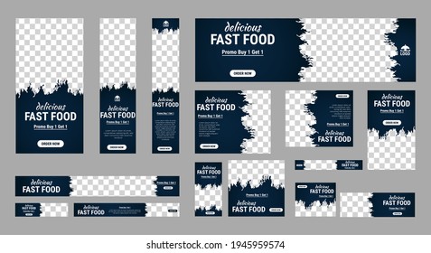 Set of fast foods web banners of standard size with a place for photos. Vertical, horizontal and square template. Vector illustration EPS 10	