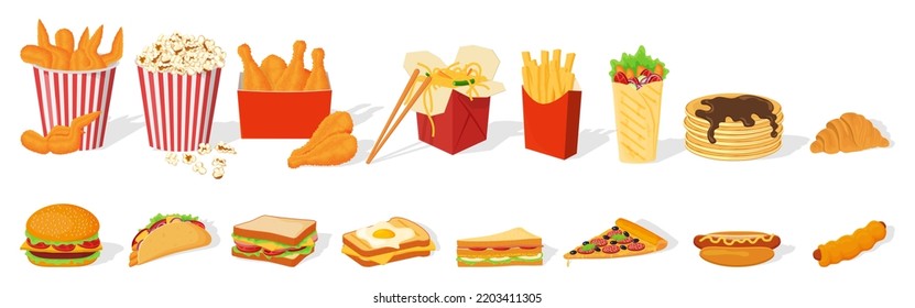 A set of fast food.Shawarma, hot dog, pizza,sandwiches,popcorn,ice cream, wings, thighs and croissant.Street food.Vector illustration on a white background