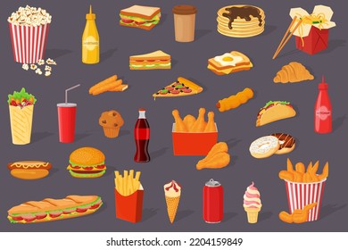 A set of fast food.Shawarma, hot dog, pizza,sandwiches,popcorn,ice cream, wings, thighs and croissant.Street food.Vector illustration on a gray background.