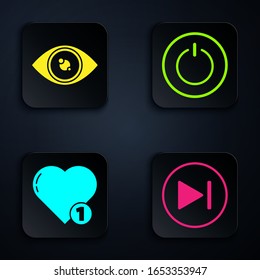 Set Fast forward, Eye, Like and heart and Power button. Black square button. Vector