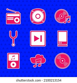 Set Fast forward, Music streaming service, Vinyl disk, Voice assistant, player, Musical tuning fork,  and Radio with antenna icon. Vector