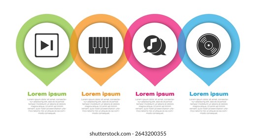 Set Fast forward, Music synthesizer, Musical note in speech bubble and Vinyl disk. Business infographic template. Vector