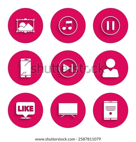 Set Fast forward, Smart Tv, Tablet, Add to friend, Like in speech bubble, Smartphone, mobile phone, Pause button and Picture landscape icon. Vector