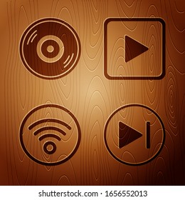 Set Fast forward, Vinyl disk, Wi-Fi wireless internet network and Play in square on wooden background. Vector