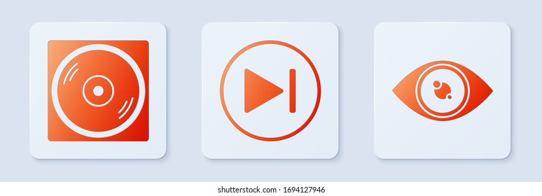 Set Fast forward, Vinyl disk and Eye. White square button. Vector