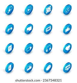 Set Fast forward, Vinyl disk, Music note, tone, Gamepad, Tablet, Document folder, Hand like and Retro audio cassette tape icon. Vector