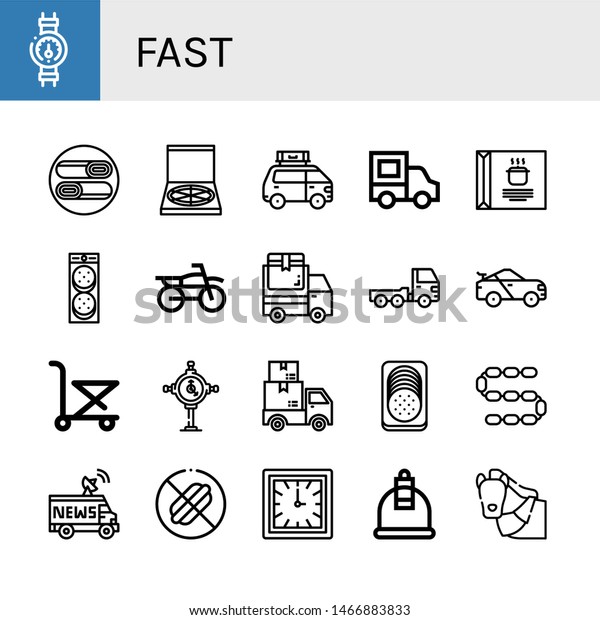 Set of fast\
icons such as Gauge, Shawarma, Pizza box, Van, Delivery truck,\
Soup, Burger, Motocross, Truck, Racing car, Trolley, Clock,\
Delivery, Sausage, No food, Cupping ,\
fast
