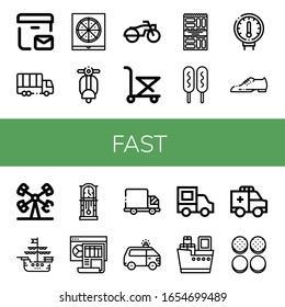 Set of fast icons. Such as Postal delivery, Truck, Pizza box, Vespa, Motorcycle, Trolley, Snack, Corn dog, Gauge, Shoes, Booster, Ship, Clock, Dashboard, Ambulance , fast icons
