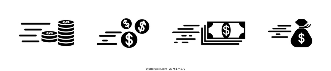 Set of fast money vector icons. Instant payment. Fast transfer money. Remittance sign.